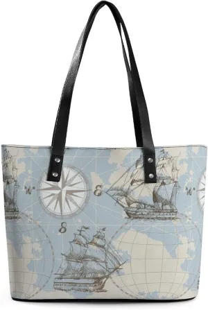 Nautical Sea Map Compass Sailing Ship Women Tote Bags Top Handle Satchel Handbags Faux Leather Tassel Shoulder Purse
