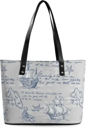 Nautical Sea Map Compass Sailing Ship Women Tote Bags Top Handle Satchel Handbags Faux Leather Tassel Shoulder Purse