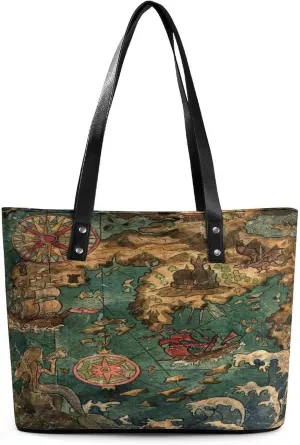 Nautical Sea Map Compass Sailing Ship Women Tote Bags Top Handle Satchel Handbags Faux Leather Tassel Shoulder Purse