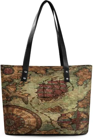 Nautical Sea Map Compass Sailing Ship Women Tote Bags Top Handle Satchel Handbags Faux Leather Tassel Shoulder Purse