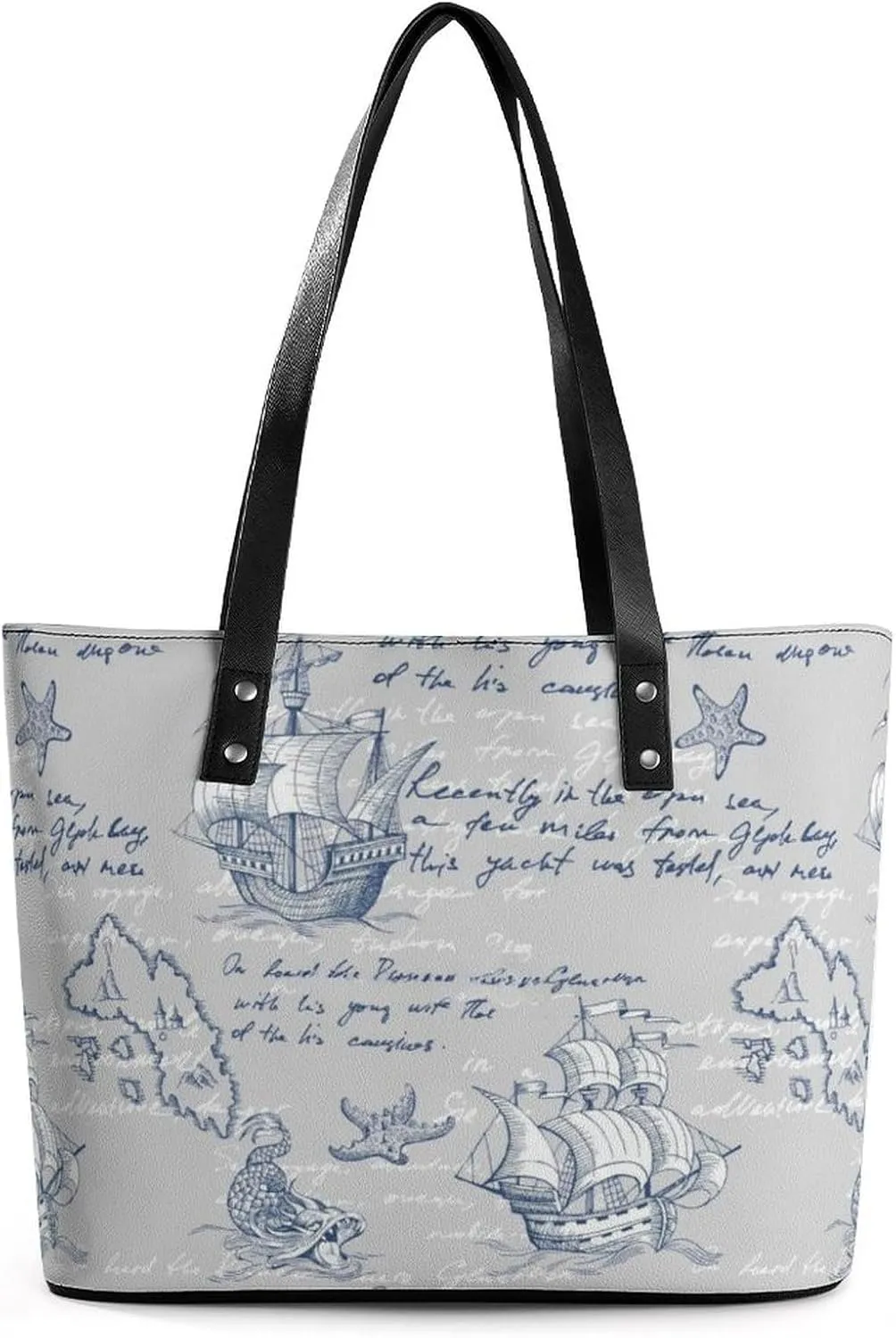 Nautical Sea Map Compass Sailing Ship Women Tote Bags Top Handle Satchel Handbags Faux Leather Tassel Shoulder Purse