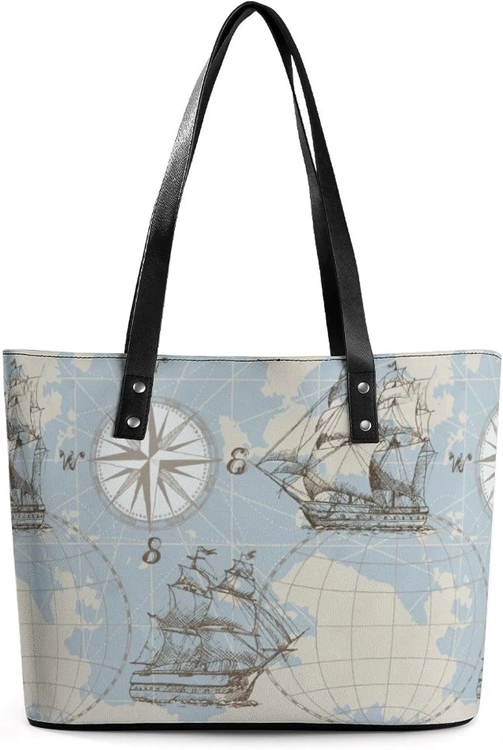 Nautical Sea Map Compass Sailing Ship Women Tote Bags Top Handle Satchel Handbags Faux Leather Tassel Shoulder Purse