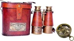 Nautical Vintage Marine Binocular Leather Case with Antique Brass Compass
