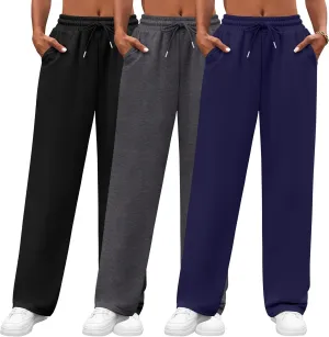 Neer 3 Pack Women's Yoga Pants with Pockets, High Waisted Cozy Lounge Pants Drawstring Sweatpants Loose Wide Leg Jogger