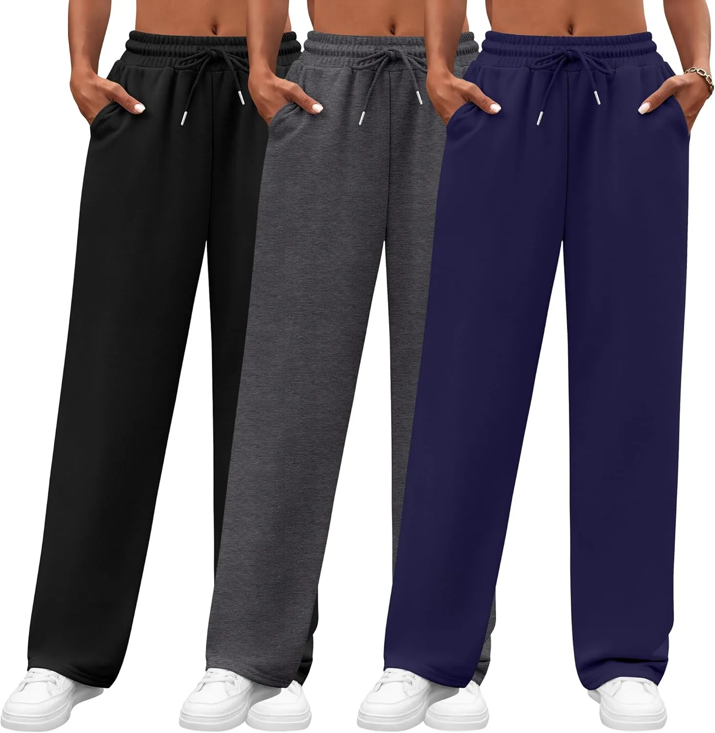 Neer 3 Pack Women's Yoga Pants with Pockets, High Waisted Cozy Lounge Pants Drawstring Sweatpants Loose Wide Leg Jogger