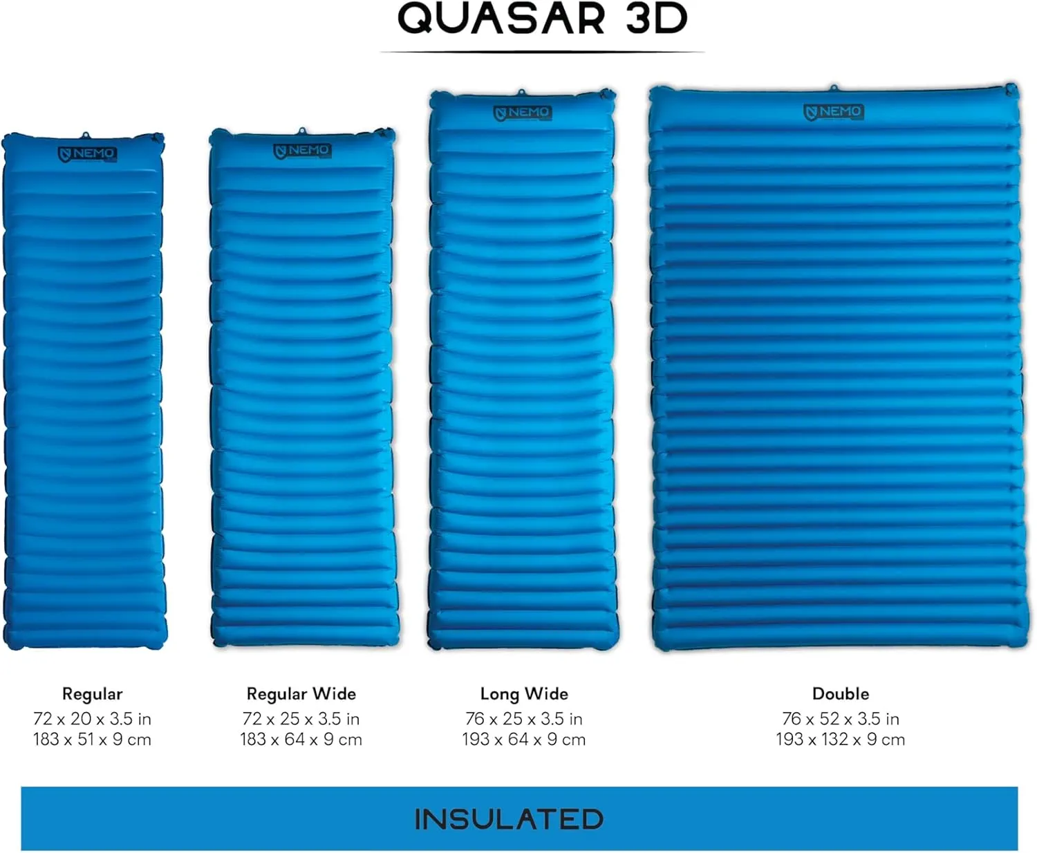 NEMO Equipment Quasar 3D Lightweight Sleeping Pad - Insulated Long Wide (76"x25") - Bluebird