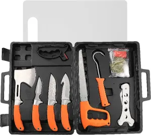 NEW VIEW Deer Processing Hunting Knife Set, 14 PCS Game Field Dressing Kit Gift for Men, Includes Skinning Boning Utility Knives, Axe, Gut Hook, Saw, Rib Spreader, Cutting Board