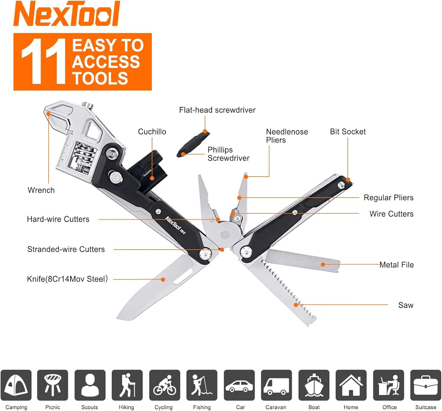 NexTool W4 Adjustable Ratchet Wrench Multitool, 11-IN-1 Foldable EDC Tool with Pliers, Knife, Saw and Screwdriver, Multi Tool for Camping, DIY, and Gifts for Him