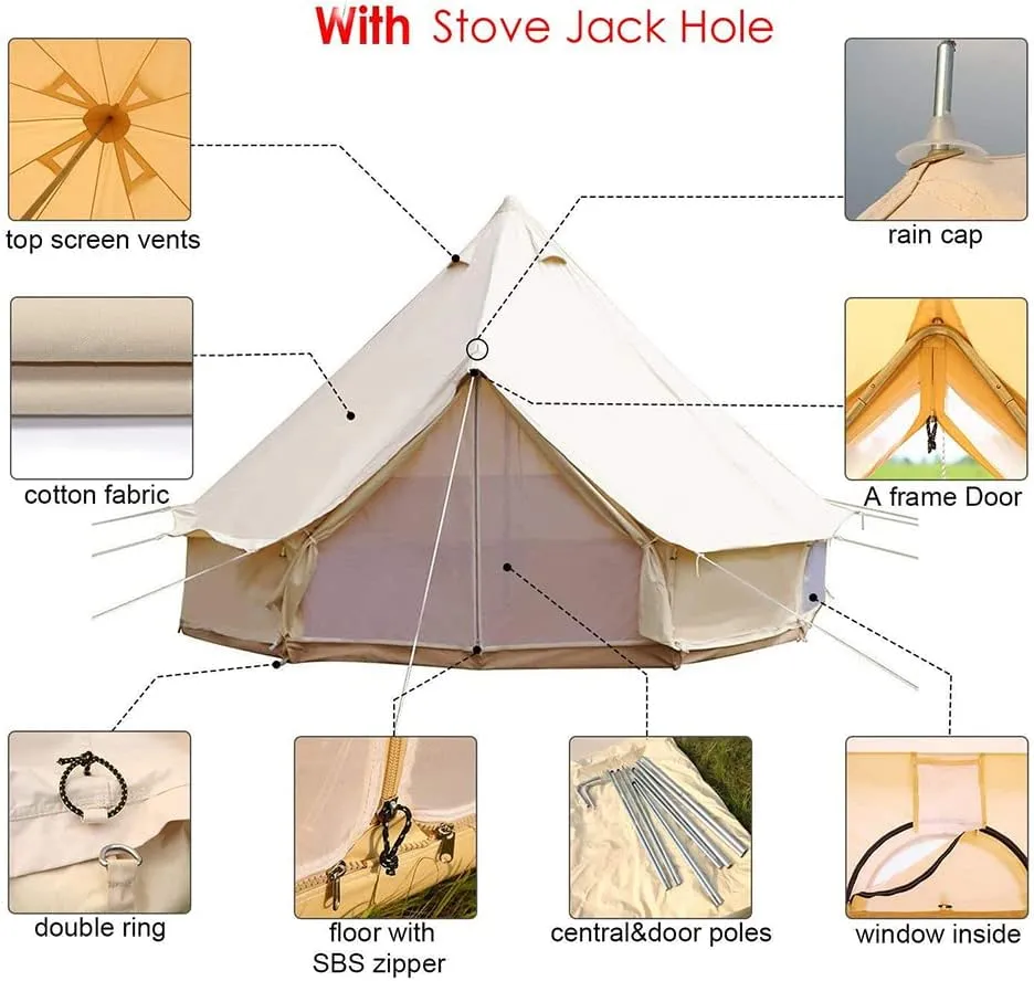 NIEH 4-12 Person Camping Tent 3-6m Waterproof Cotton Canvas Bell Tent Outdoor 4 Seasons Family Party Picnic Yurt Tent W/Stove Hole