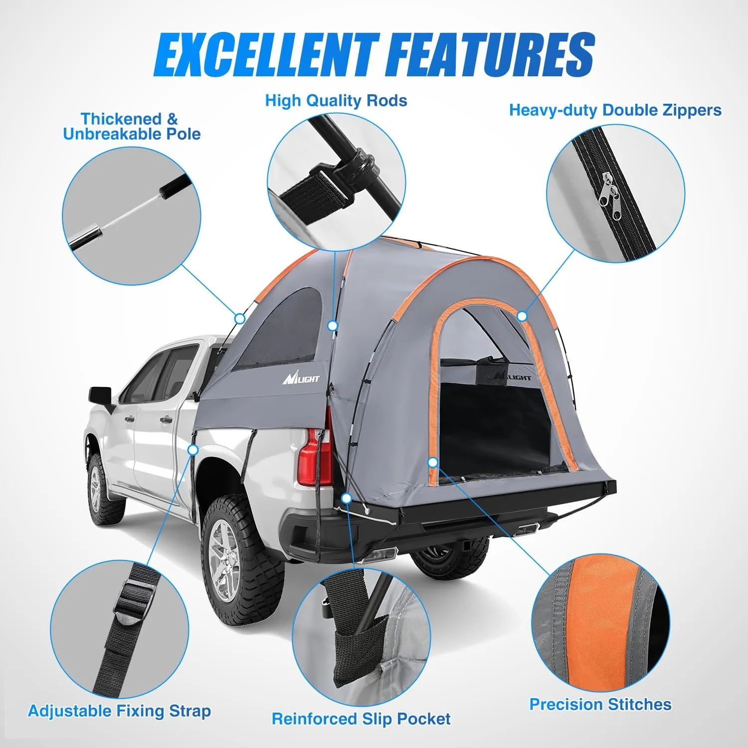 Nilight Truck Bed Tent 8-8.5 FT Pickup Truck Tents with Rainfly Waterproof PU2000mm Double Layer for 2-Person Portable Full Size Long Tailgate Bed Tent for Truck Camping Outdoor Travel, Orange Grey