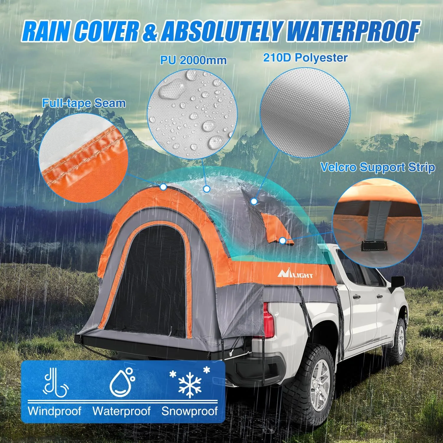 Nilight Truck Bed Tent 8-8.5 FT Pickup Truck Tents with Rainfly Waterproof PU2000mm Double Layer for 2-Person Portable Full Size Long Tailgate Bed Tent for Truck Camping Outdoor Travel, Orange Grey