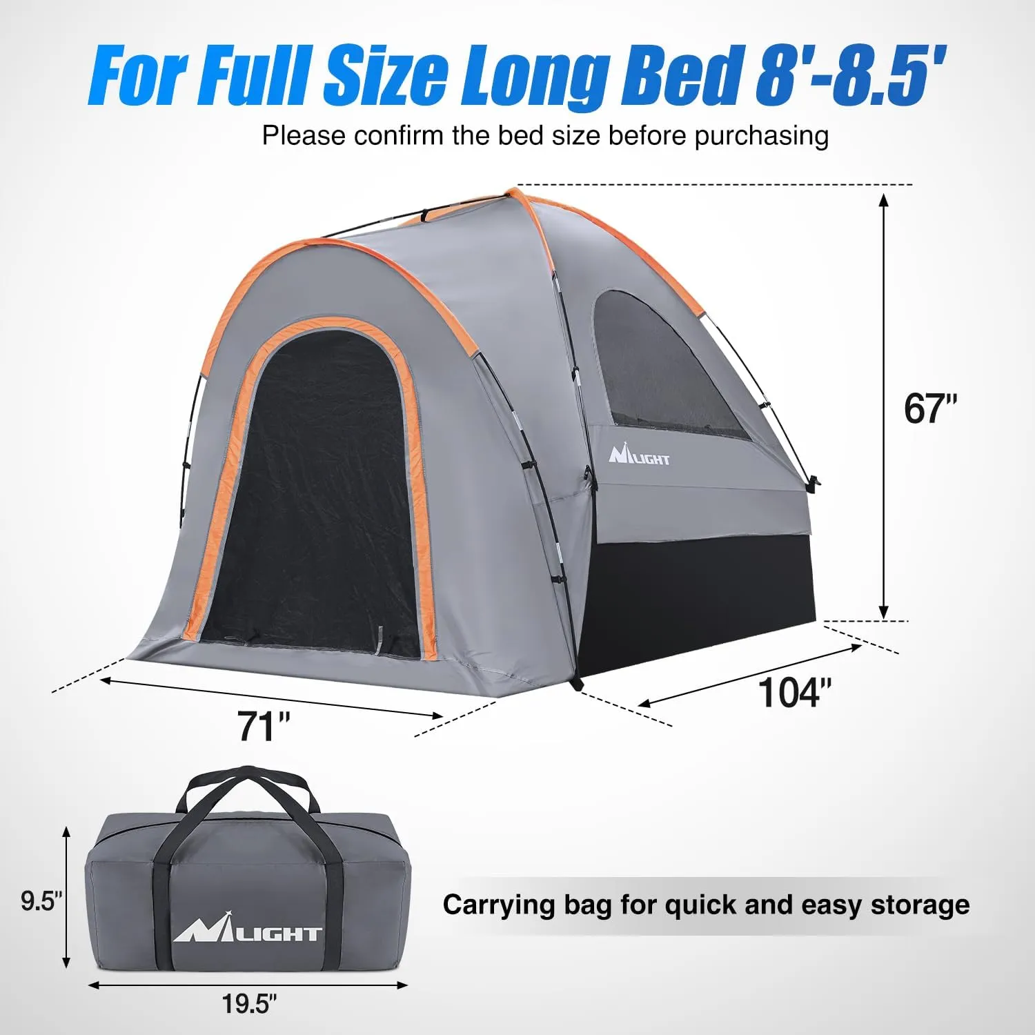 Nilight Truck Bed Tent 8-8.5 FT Pickup Truck Tents with Rainfly Waterproof PU2000mm Double Layer for 2-Person Portable Full Size Long Tailgate Bed Tent for Truck Camping Outdoor Travel, Orange Grey