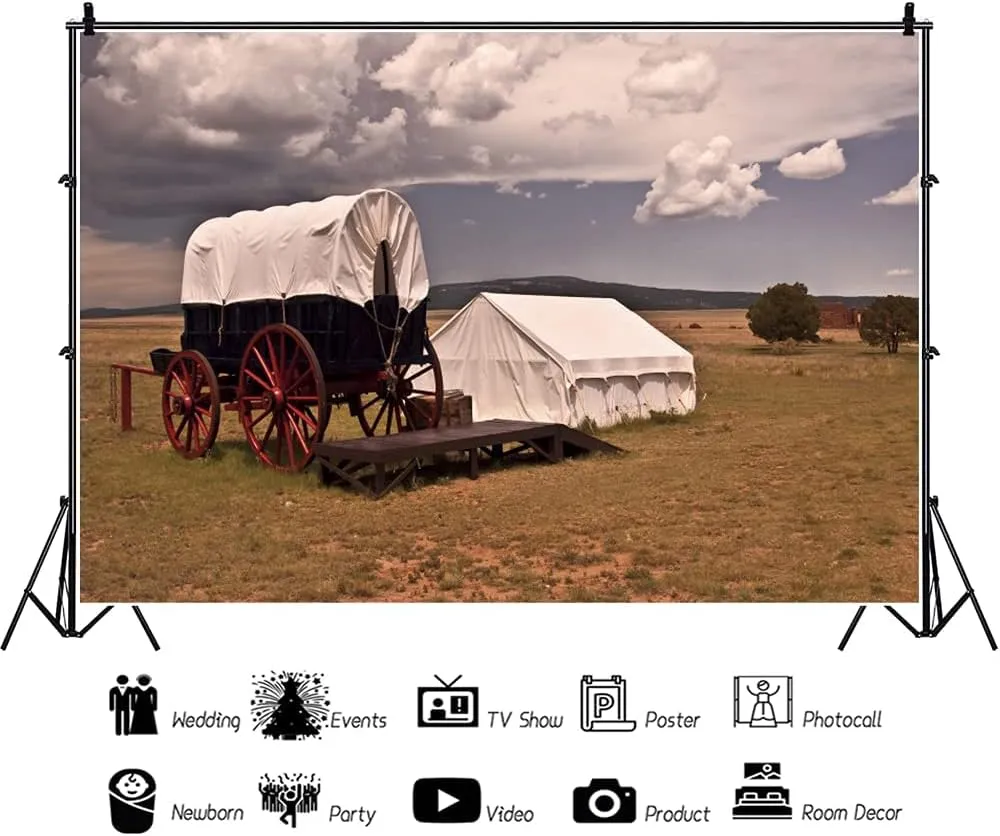 OERJU 10x7ft Wild West Wagons Backdrop Outdoor Travel Theme Grassland Tent Western Cowboy Farmland Photography Background for Kids Adults Portrait Photo Vinyl Studio Props Video Shooting