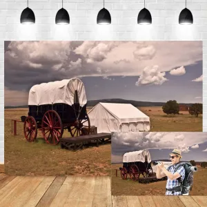 OERJU 10x7ft Wild West Wagons Backdrop Outdoor Travel Theme Grassland Tent Western Cowboy Farmland Photography Background for Kids Adults Portrait Photo Vinyl Studio Props Video Shooting