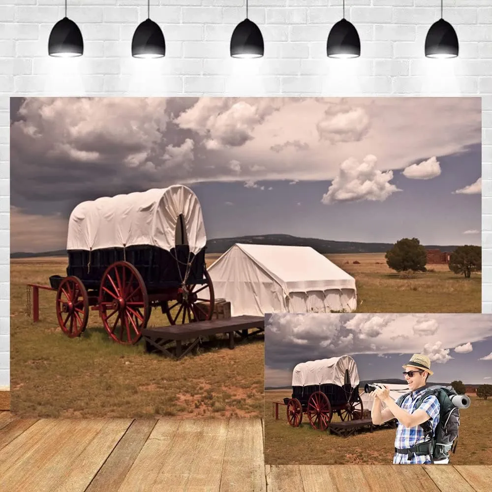 OERJU 10x7ft Wild West Wagons Backdrop Outdoor Travel Theme Grassland Tent Western Cowboy Farmland Photography Background for Kids Adults Portrait Photo Vinyl Studio Props Video Shooting