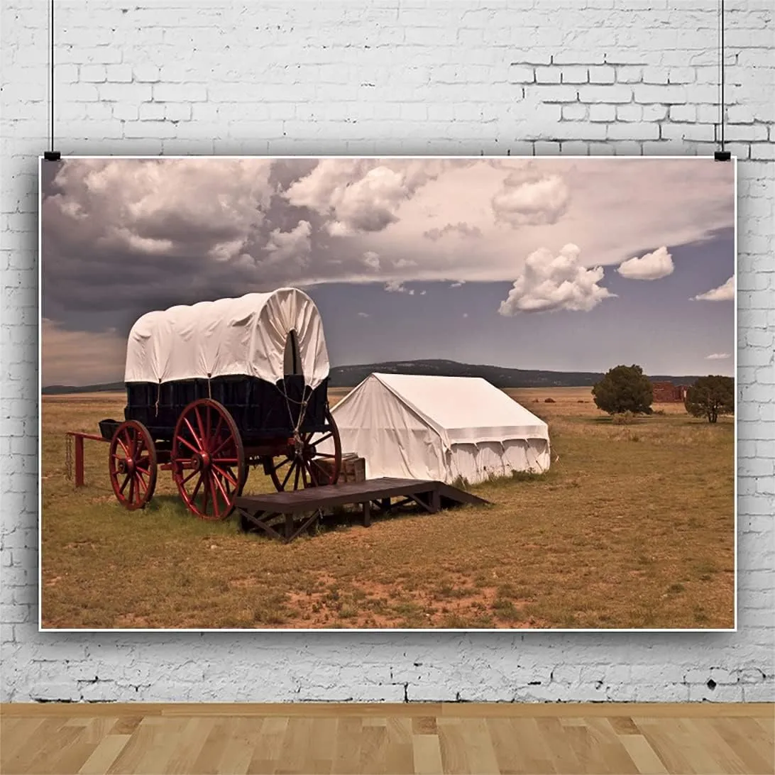 OERJU 10x7ft Wild West Wagons Backdrop Outdoor Travel Theme Grassland Tent Western Cowboy Farmland Photography Background for Kids Adults Portrait Photo Vinyl Studio Props Video Shooting