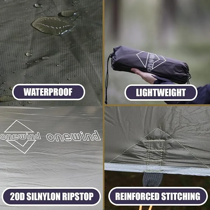 Onewind 11ft Hammock Tarp, Lightweight Silnylon Hammock Rain Fly, 4000mm Waterproof 4-Season Multiple Shelter Solution Camping Tarp Tent with Complete Accessories, OD Green