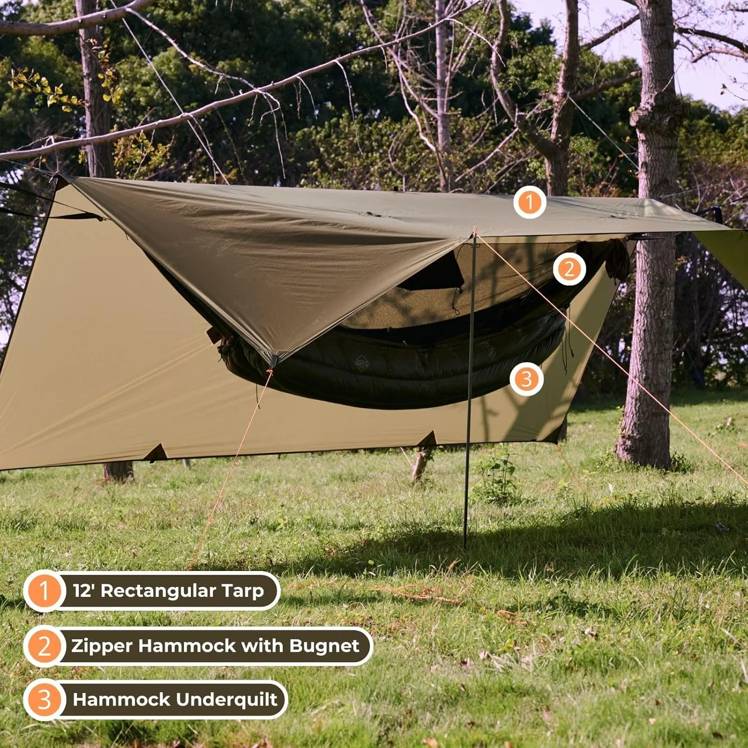 onewind 12×10 ft Hammock Tarp, Ultralight Tarp Silnylon Hammock Rain Fly Lightweight Waterproof Camping Tent Tarp with Doors, Easy to Setup with Stuff Sack, Tent Stakes, OD Green