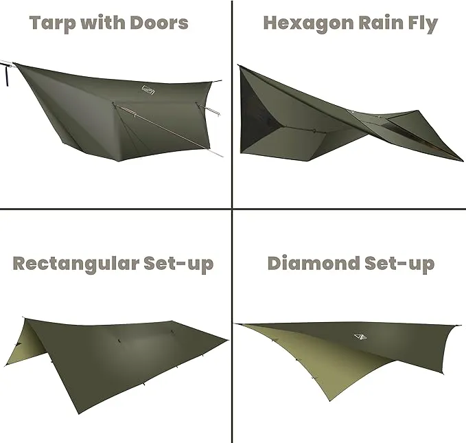 onewind 12ft Hammock Tarp, Ultralight Tarp Silnylon Hammock Rain Fly Lightweight Waterproof Camping Tent Tarp with Doors, Easy to Setup with Stuff Sack, Tent Stakes, OD Green