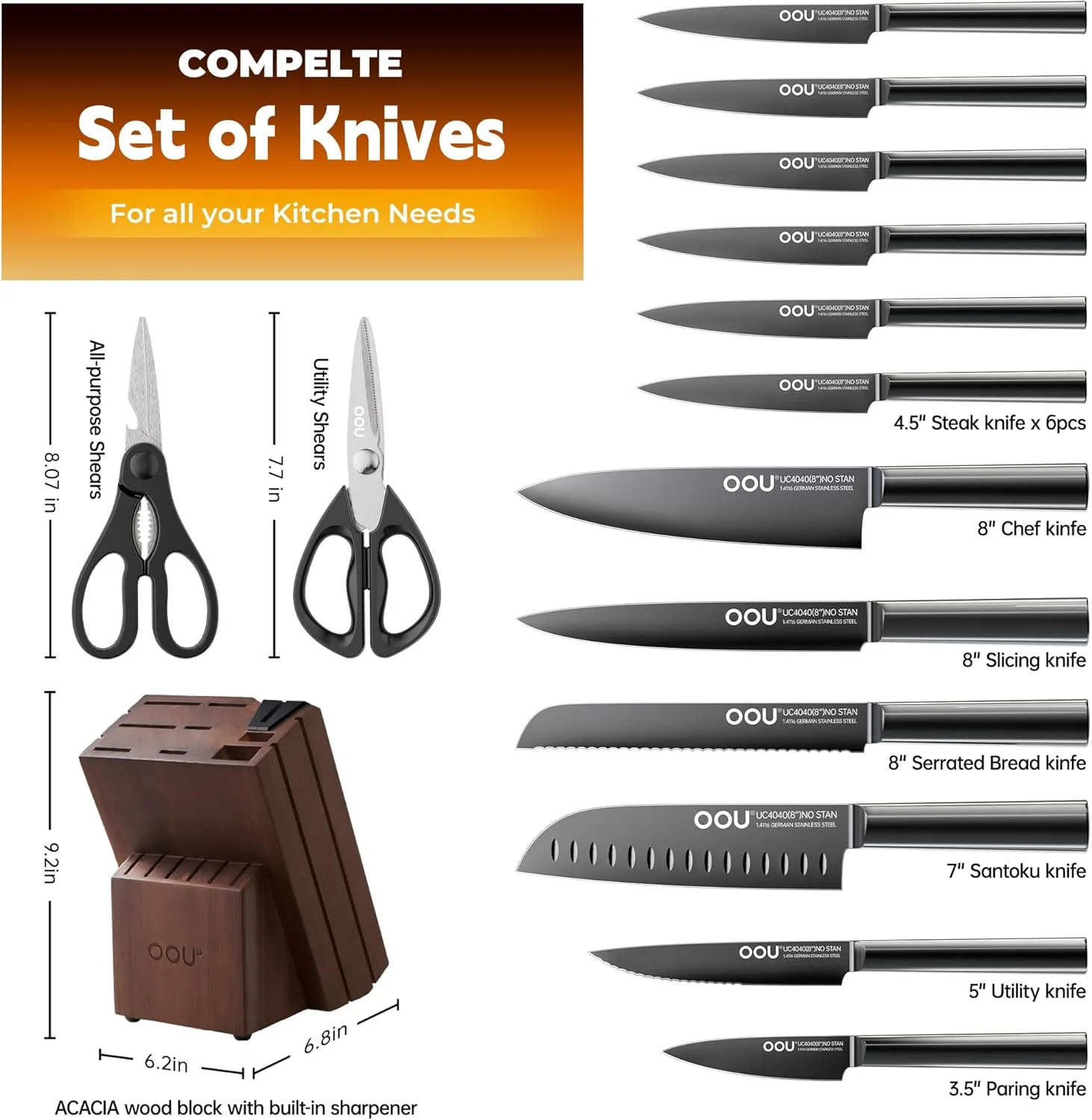 OOU Kitchen Knife Block Set - 15 Pieces High Carbon Stainless Steel Chef Knife Sets, Anti-Rust Black Knives Set with Built-in Sharpener Block, Walnut