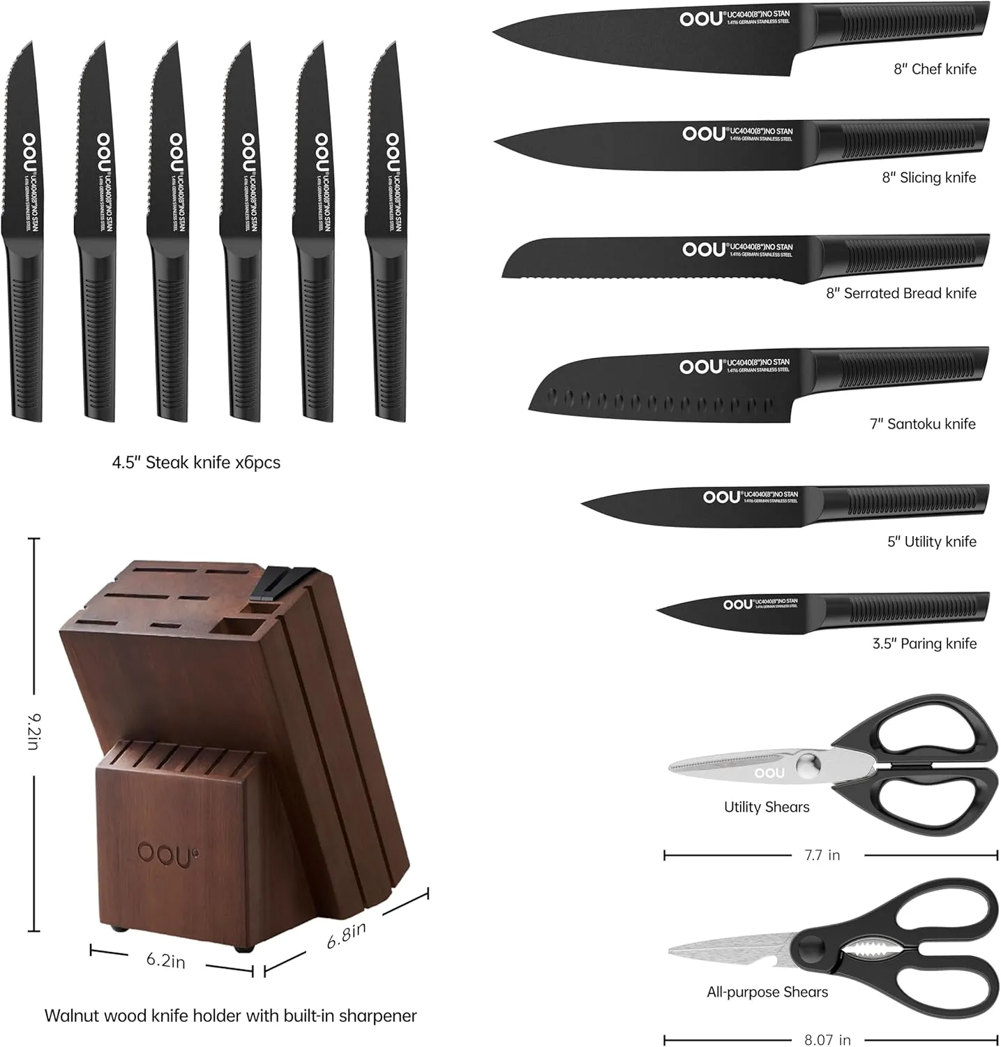 OOU Kitchen Knife Set - 15 Pcs High Carbon Stainless Steel Chef Knife Sets, Dishwasher Safe Black Knives Block Set With Built in Sharpener, Best Christmas Gifts for Men Women
