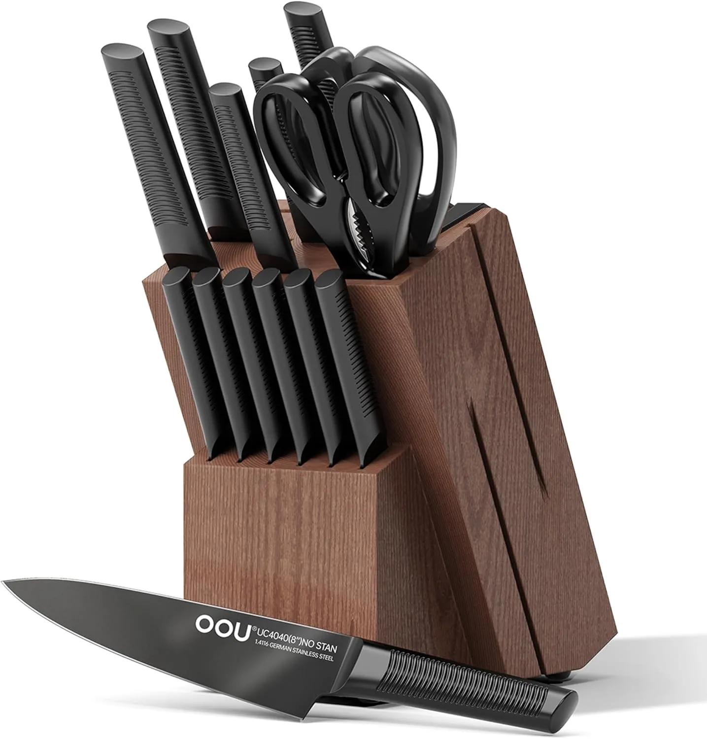 OOU Kitchen Knife Set - 15 Pcs High Carbon Stainless Steel Chef Knife Sets, Dishwasher Safe Black Knives Block Set With Built in Sharpener, Best Christmas Gifts for Men Women