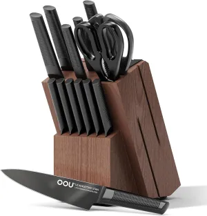 OOU Kitchen Knife Set - 15 Pcs High Carbon Stainless Steel Chef Knife Sets, Dishwasher Safe Black Knives Block Set With Built in Sharpener, Best Christmas Gifts for Men Women