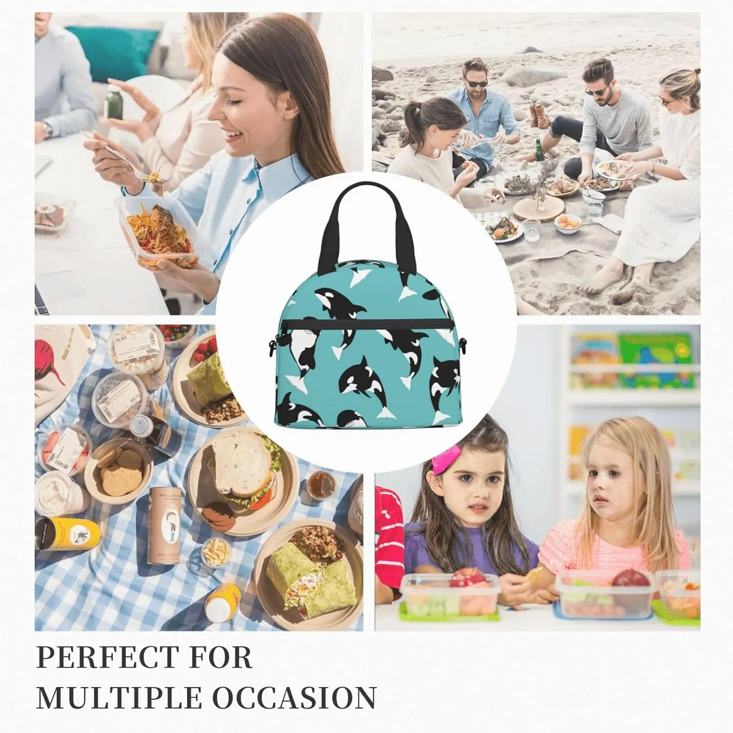 Orca Killer Whale Sea Life Durable Lunch Bag Hand Tote Crossbody Insulated Lunch Bag Large Portable Lunch Box