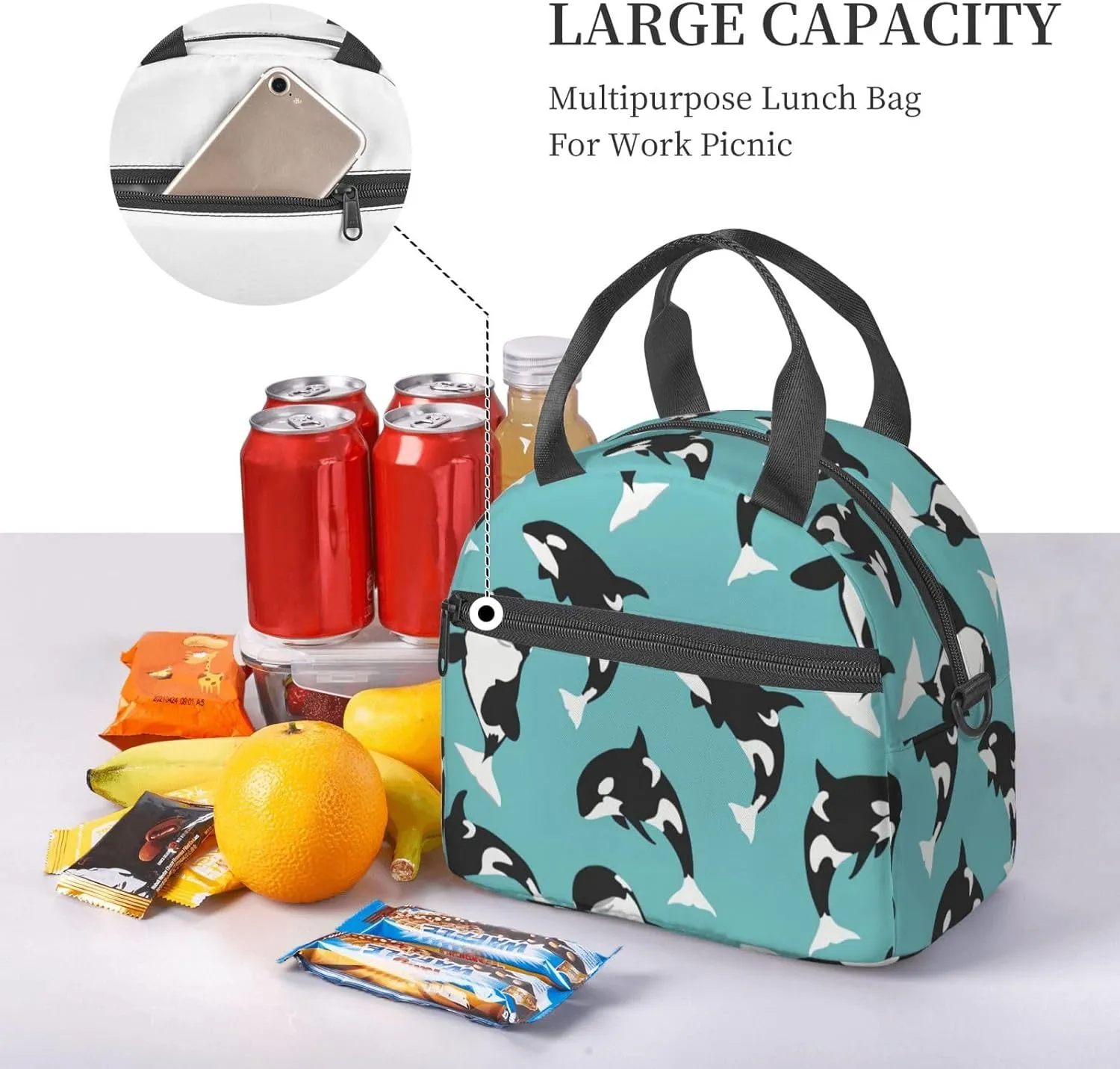 Orca Killer Whale Sea Life Durable Lunch Bag Hand Tote Crossbody Insulated Lunch Bag Large Portable Lunch Box