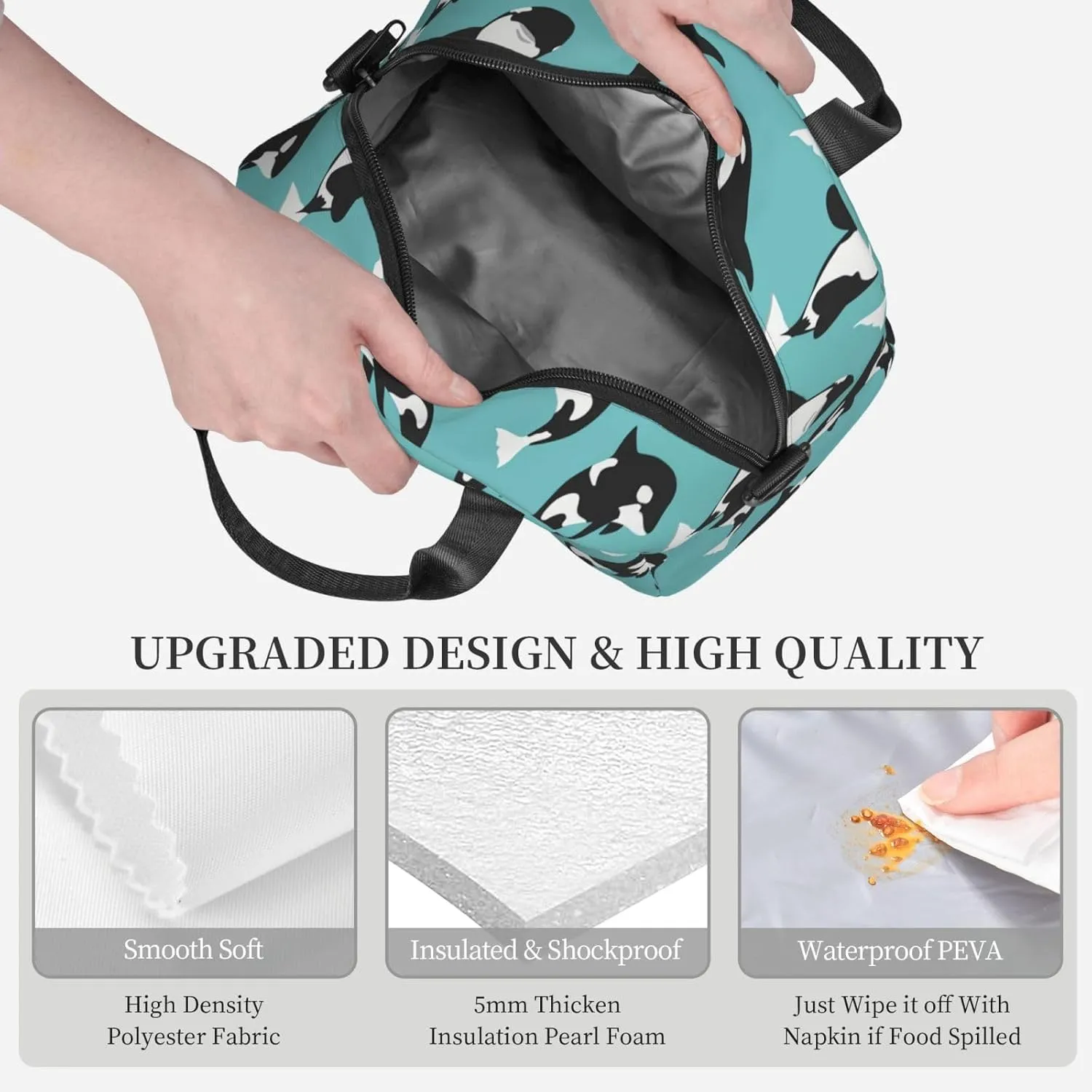 Orca Killer Whale Sea Life Durable Lunch Bag Hand Tote Crossbody Insulated Lunch Bag Large Portable Lunch Box