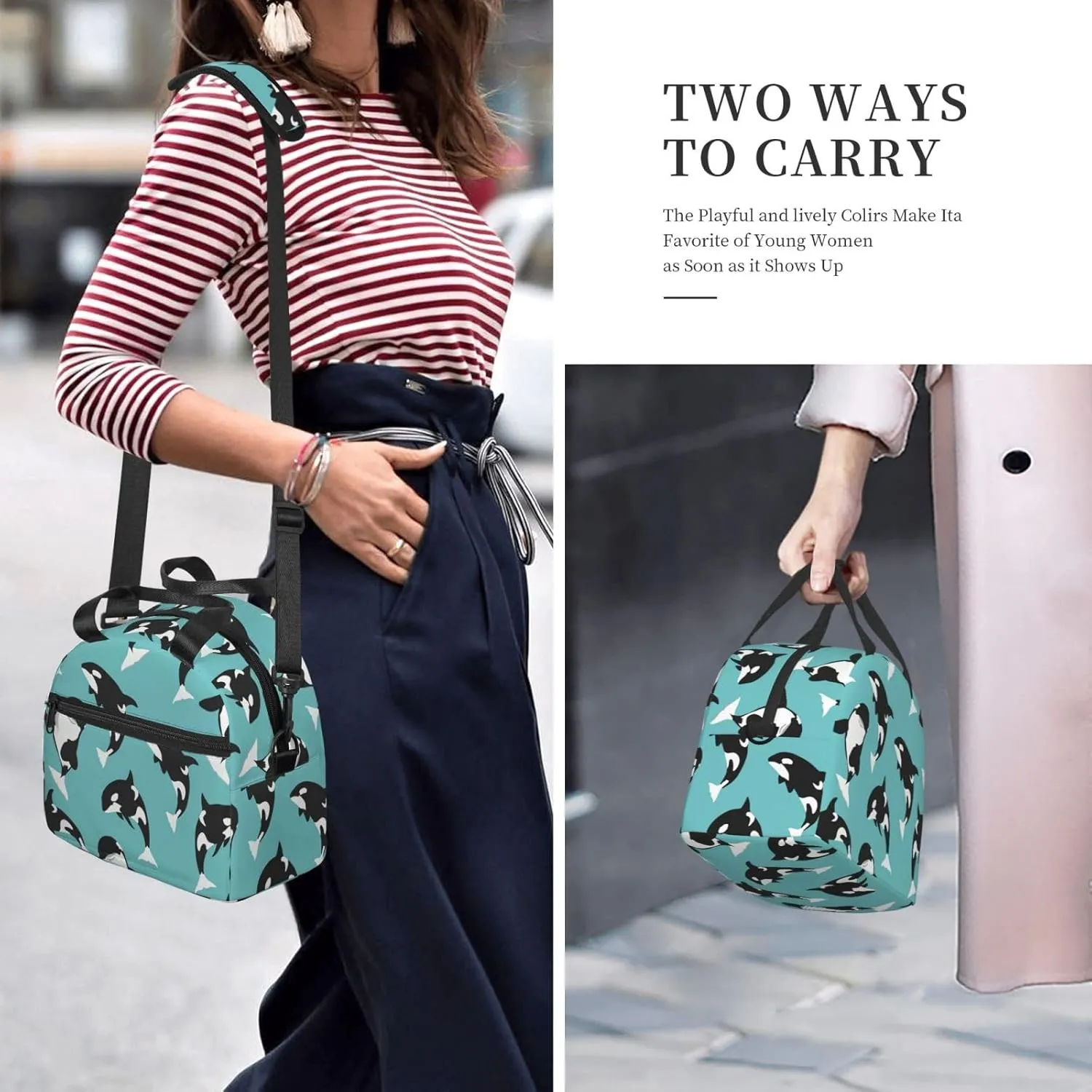 Orca Killer Whale Sea Life Durable Lunch Bag Hand Tote Crossbody Insulated Lunch Bag Large Portable Lunch Box