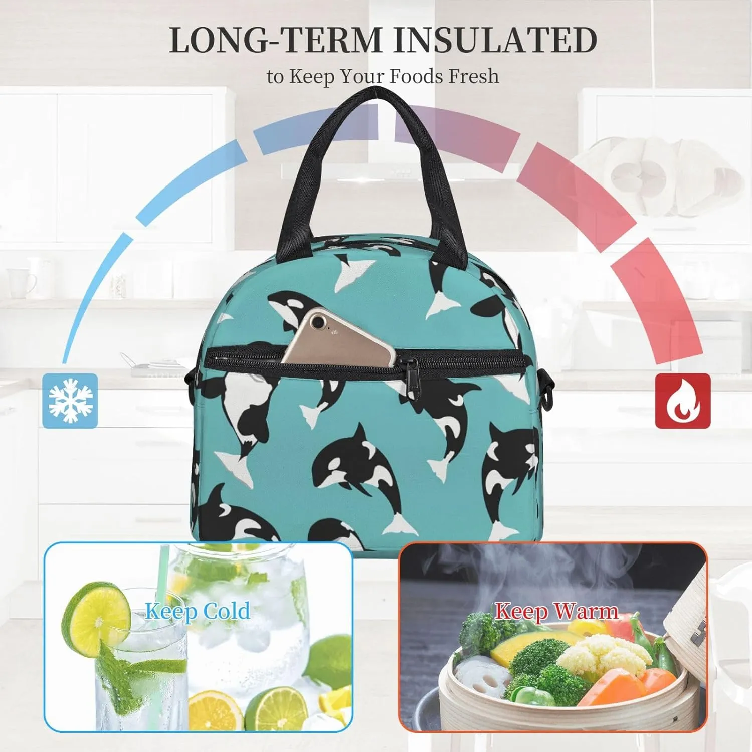 Orca Killer Whale Sea Life Durable Lunch Bag Hand Tote Crossbody Insulated Lunch Bag Large Portable Lunch Box