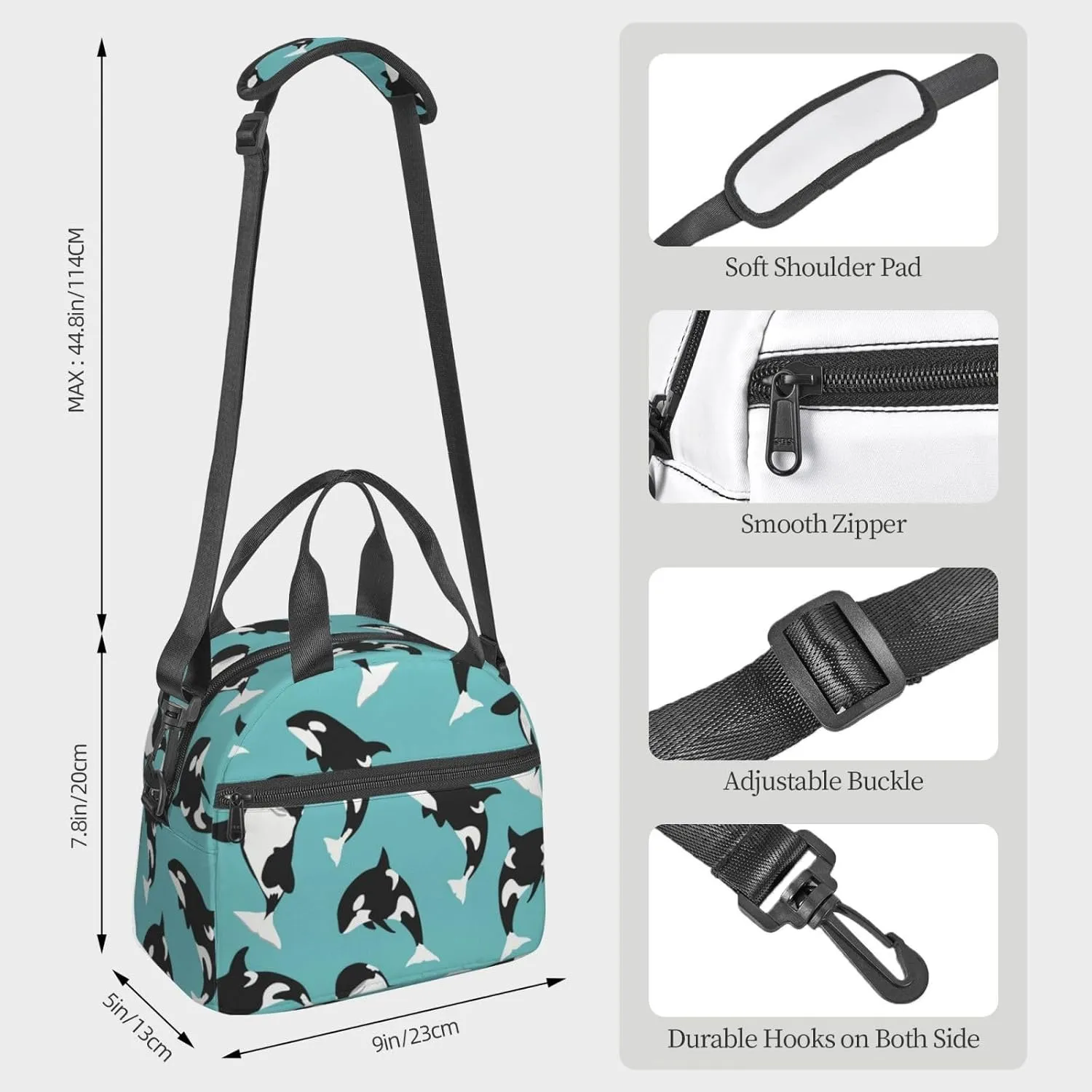Orca Killer Whale Sea Life Durable Lunch Bag Hand Tote Crossbody Insulated Lunch Bag Large Portable Lunch Box