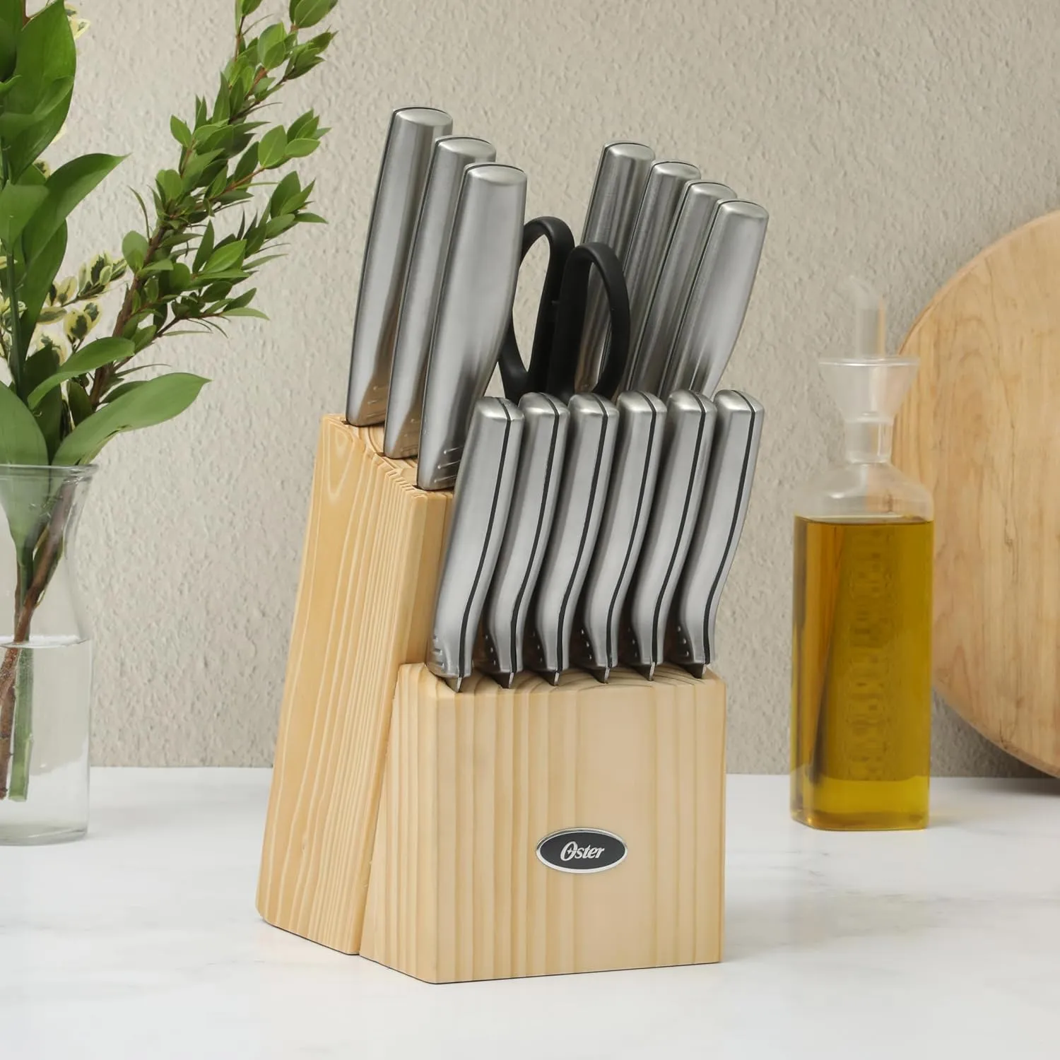 Oster Eckert 15 Piece High Carbon Stainless Steel Knife Block Set W/Wood Block - Cuchillos Para Cocina