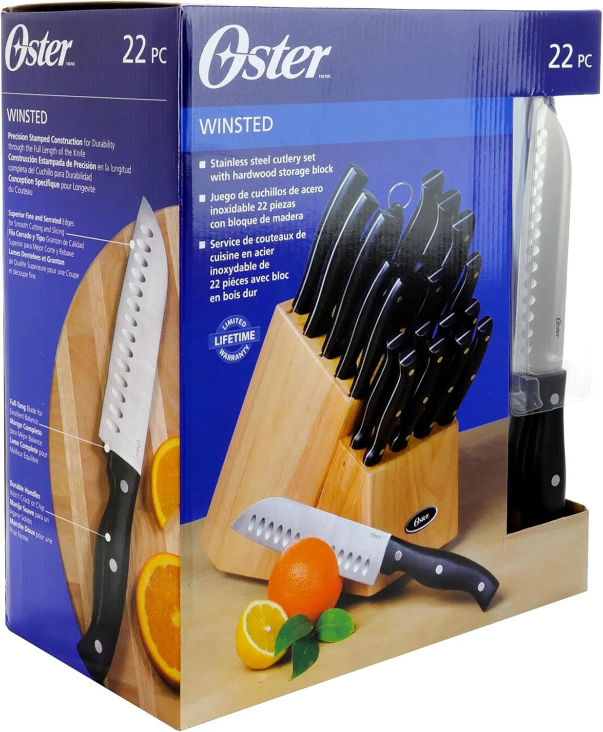 Oster Winsted 22-Piece Stainless Steel Cutlery Wood Block Set, Black