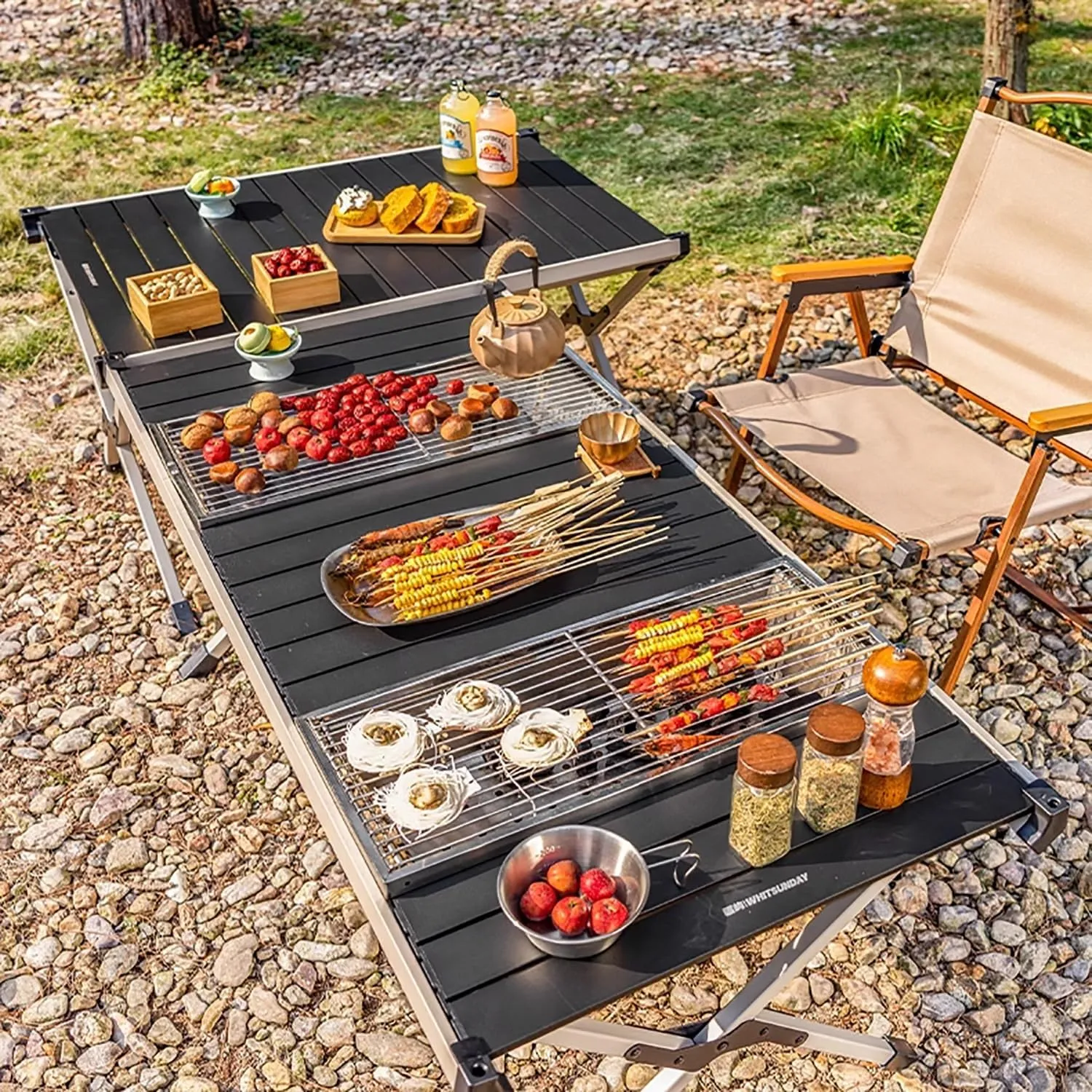Outdoor BBQ Folding Camping Table Portable Outdoor Grill Table Camping Kitchen Station Lightweight & Portable with Storage Carrying Bag for BBQ Grilling RV Picnic Backyards(Beige,122cm/48cm)