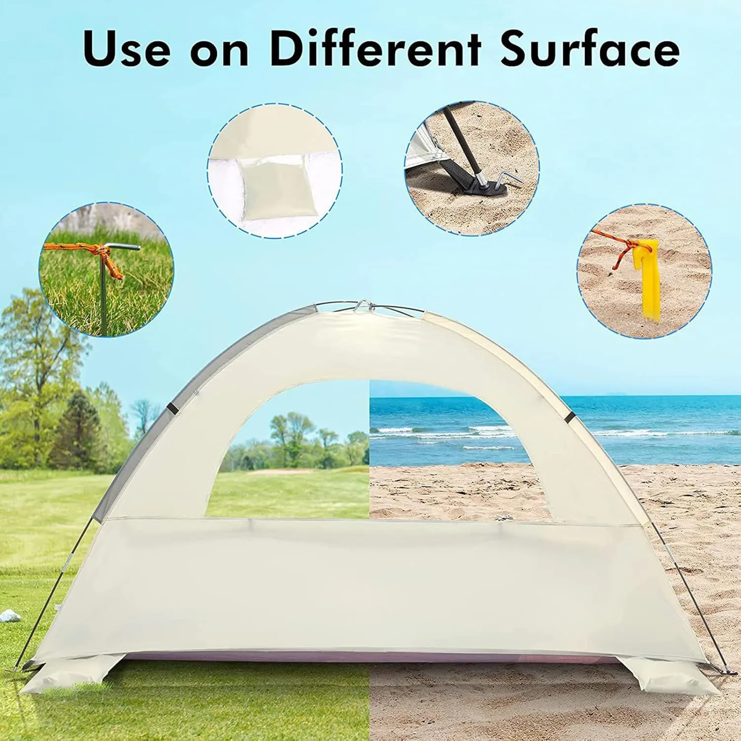 Outdoor Beach Tent, Beach Shade Tent with UPF 50  UV Protection & 3 Mesh Roll Up Windows, Waterproof Portable & Easy Setup Sun Canopy for Outdoor Camping Fishing (Beige, S)