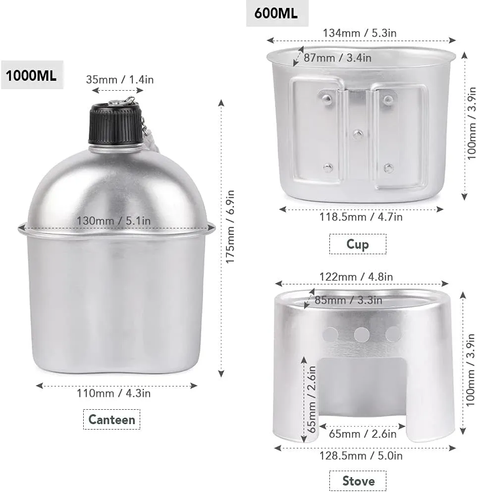 Outdoor Camping Water Bottle Bowl Aluminum Military Canteen Pot Camping Wood Stove Set Spork Camping Hiking Tableware(Color:D)