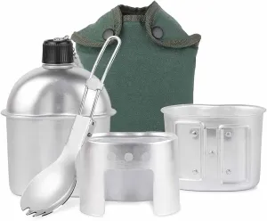 Outdoor Camping Water Bottle Bowl Aluminum Military Canteen Pot Camping Wood Stove Set Spork Camping Hiking Tableware(Color:D)