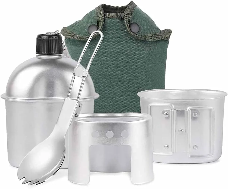 Outdoor Camping Water Bottle Bowl Aluminum Military Canteen Pot Camping Wood Stove Set Spork Camping Hiking Tableware(Color:D)