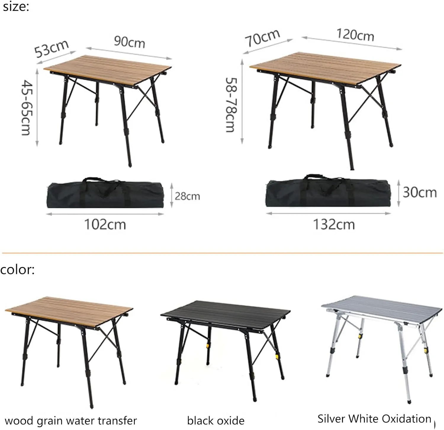 Outdoor Folding Table Portable Camping Table Light Camping Barbecue Picnic Table Wood Grain Aluminum Alloy Egg Roll Table Can Be Raised and Lowered Silver 120 * 70cm (Silver 90 * 53cm)