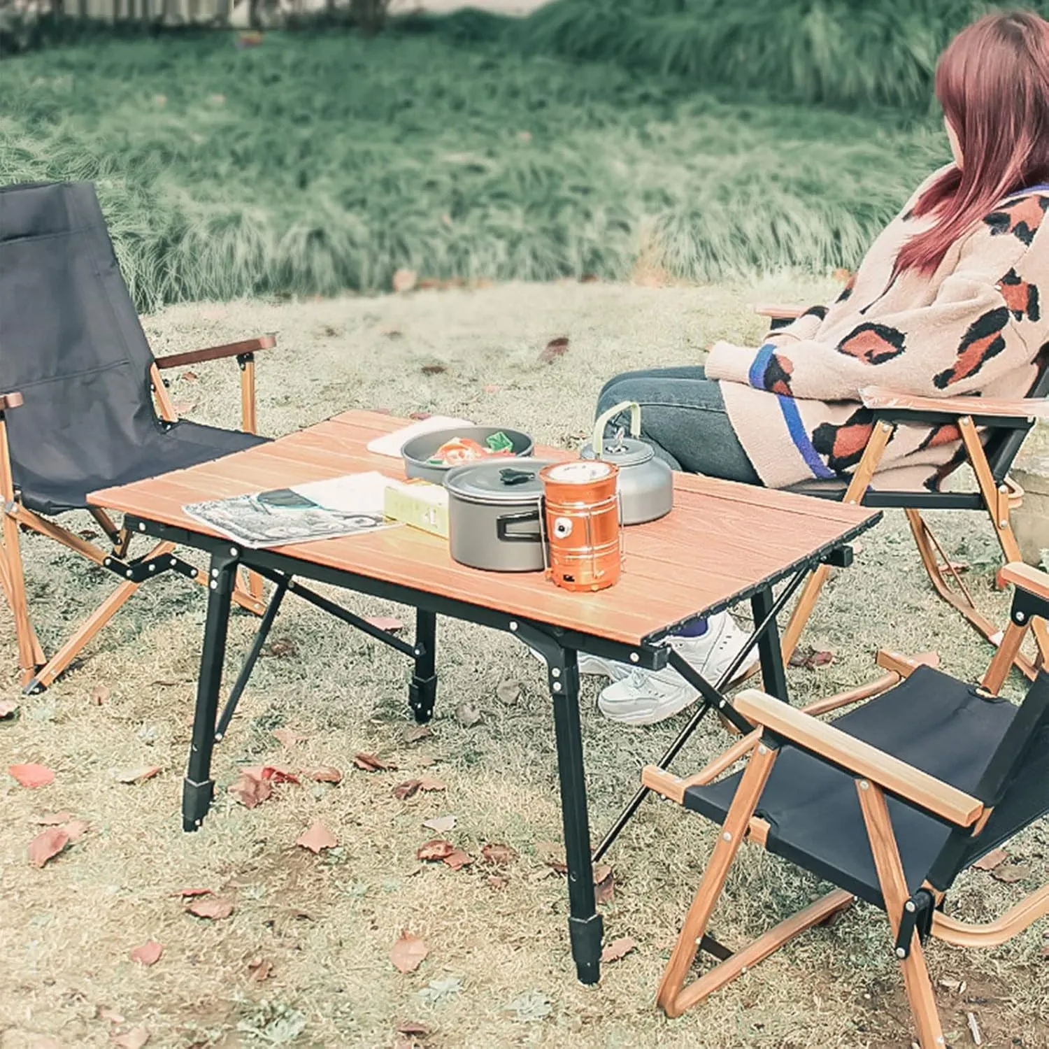 Outdoor Folding Table Portable Camping Table Light Camping Barbecue Picnic Table Wood Grain Aluminum Alloy Egg Roll Table Can Be Raised and Lowered Silver 120 * 70cm (Silver 90 * 53cm)
