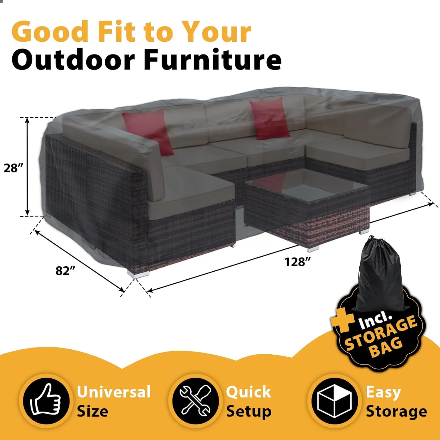 Outdoor Furniture Covers Waterproof, Patio Chair Table Covers for Sectional Couch Set, Tear-Resistant Oxford Tarp Heavy Duty, 128" L x 82" W x 28" H Rectangle Tarps with Windproof Buckles, Storage Bag