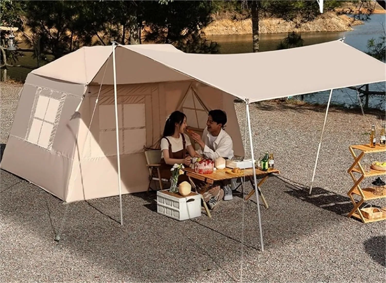 Outdoor Inflatable Ridge Tent Free to Build Double-Layer Camping Overnight