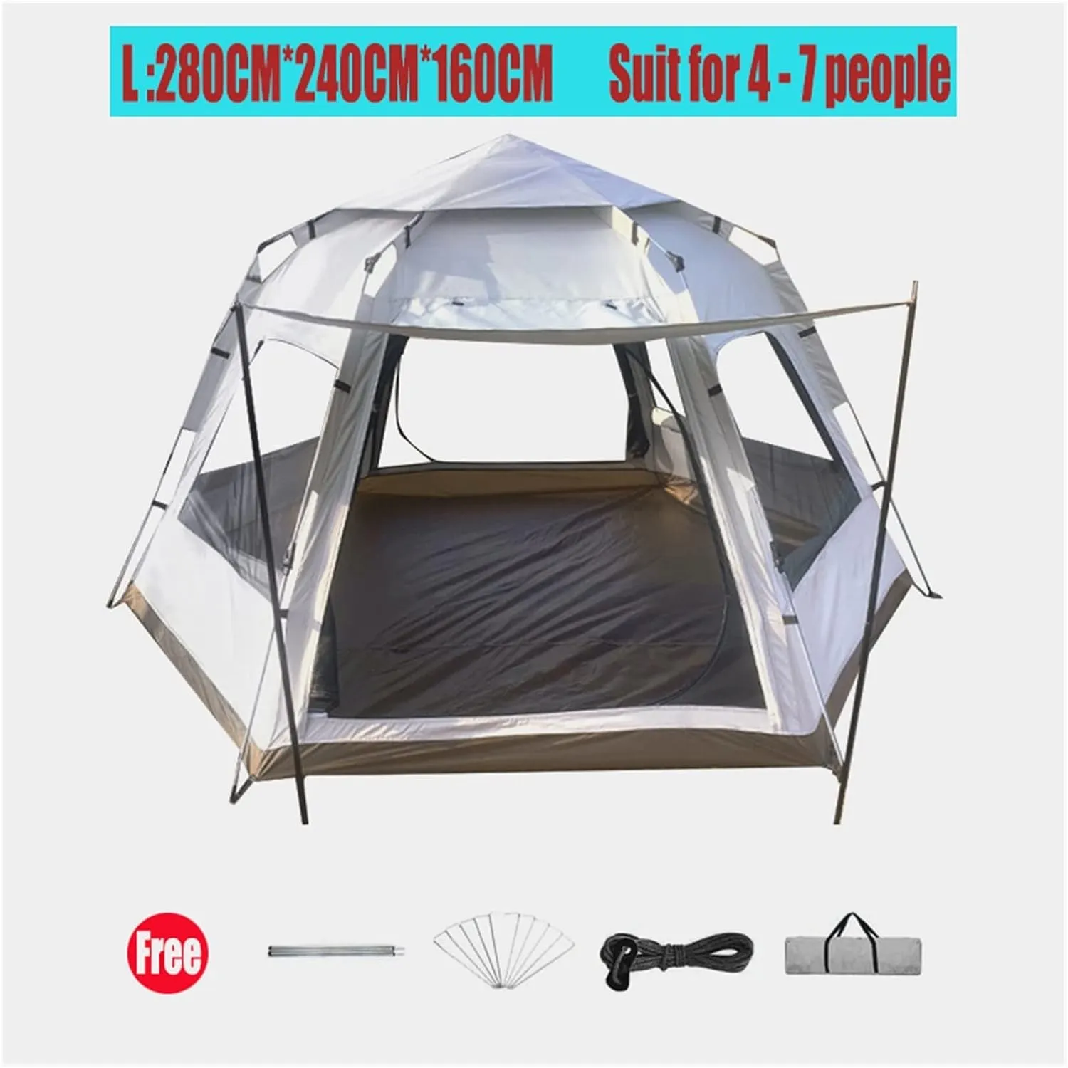 Outdoor Tent Hexagonal Multi-Purpose Camping Tent with Two Halls Suitable for 3-7 People Travelling (Color : Rice White L) (Color : Rice White L)