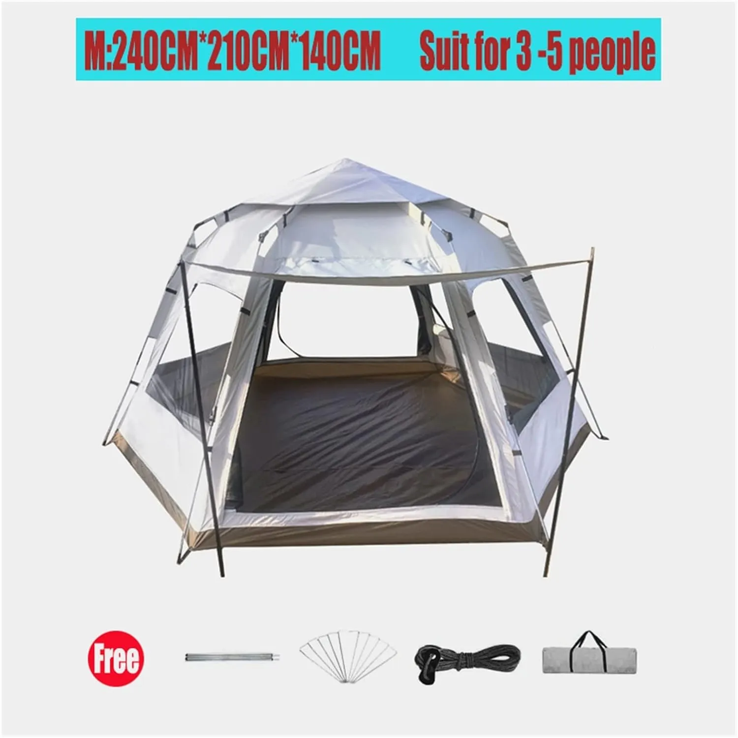 Outdoor Tent Hexagonal Multi-Purpose Camping Tent with Two Halls Suitable for 3-7 People Travelling (Color : Rice White L) (Color : Rice White M)