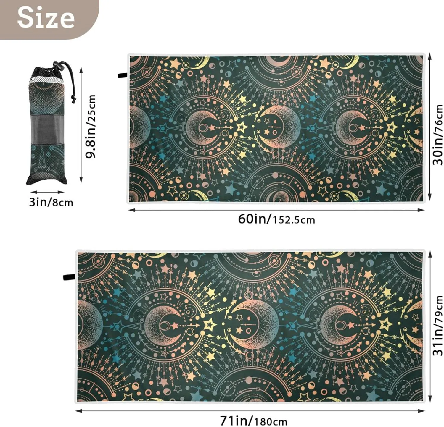 Oyihfvs Alchemy, Magical Astrology, Spirituality and Occultism on Black Quick Drying Beach Towel, Foldable Yoga Towel, Soft Sport Towel, Sweat Absorbent Towel with Storage Mesh Bag 31 x 71 inch (M)