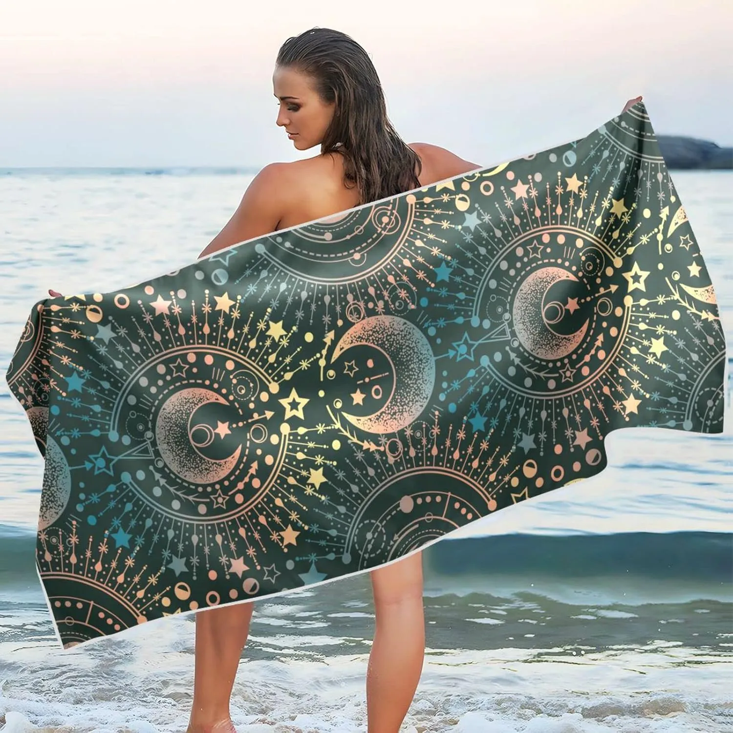 Oyihfvs Alchemy, Magical Astrology, Spirituality and Occultism on Black Quick Drying Beach Towel, Foldable Yoga Towel, Soft Sport Towel, Sweat Absorbent Towel with Storage Mesh Bag 31 x 71 inch (M)