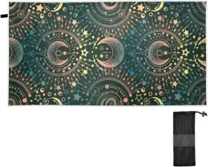 Oyihfvs Alchemy, Magical Astrology, Spirituality and Occultism on Black Quick Drying Beach Towel, Foldable Yoga Towel, Soft Sport Towel, Sweat Absorbent Towel with Storage Mesh Bag 31 x 71 inch (M)