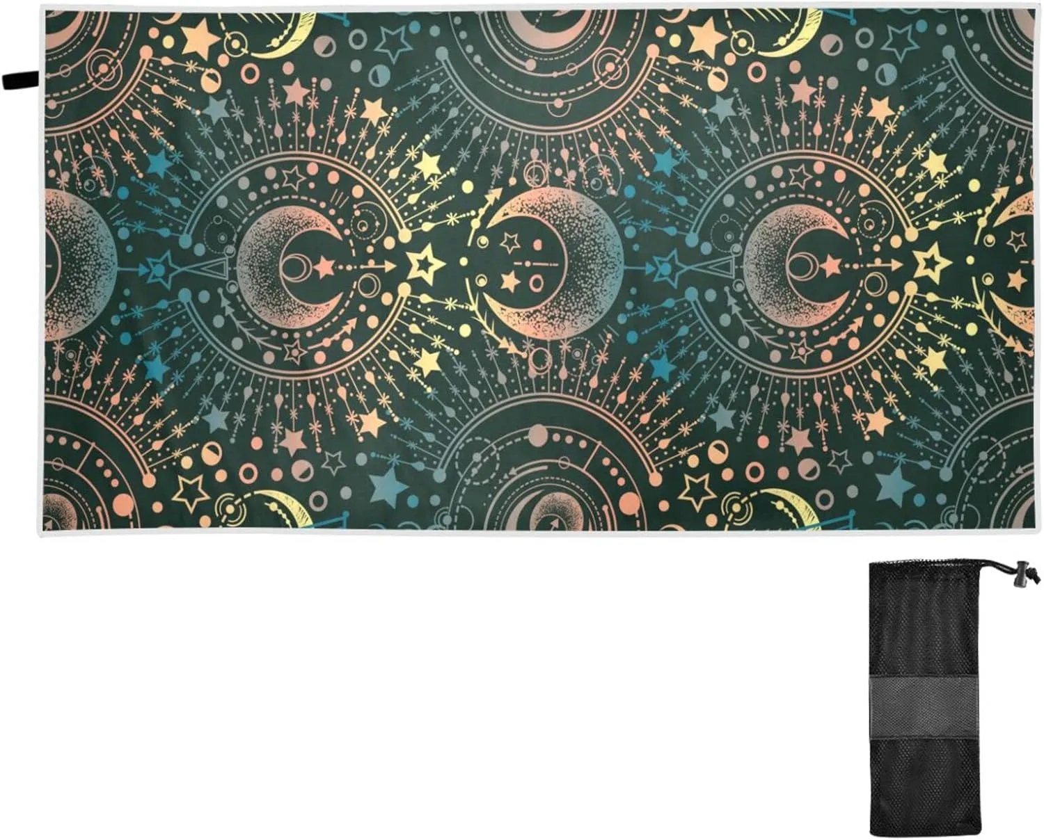Oyihfvs Alchemy, Magical Astrology, Spirituality and Occultism on Black Quick Drying Beach Towel, Foldable Yoga Towel, Soft Sport Towel, Sweat Absorbent Towel with Storage Mesh Bag 31 x 71 inch (M)